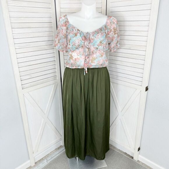 Active USA Sheer Floral Chiffon Tie Front Crop Blouse Blue Pink 1XL Puff Sleeve - Picture 14 of 15